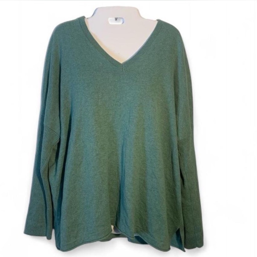 J. Jill Luxe Cotton Silk wool Blend V-Neck Sweater - Sage Green - Size M